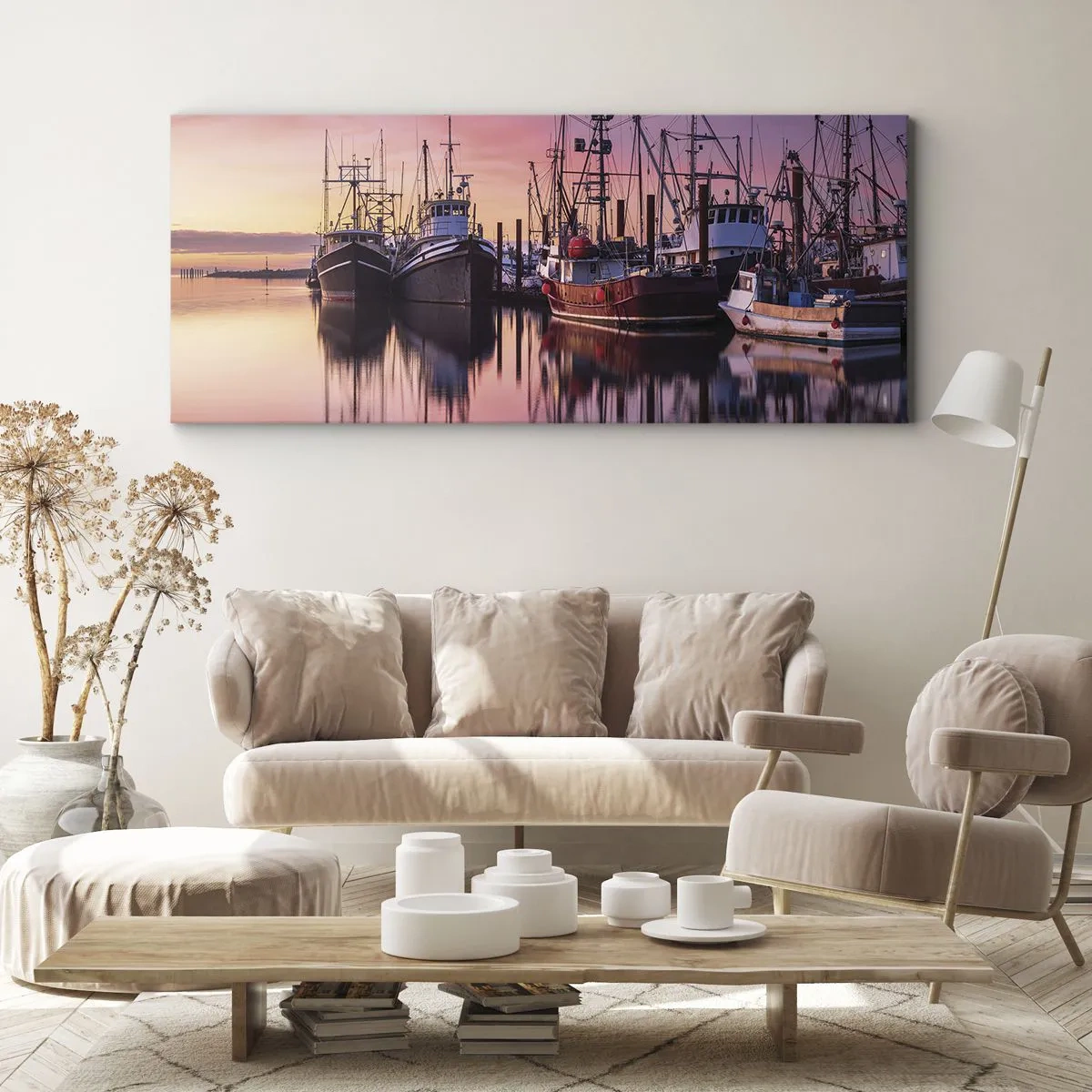 Bild auf Leinwand - Leinwandbild - Fischerboote im Hafen bei Sonnenuntergang - 140x50cm - Vor dem nächsten Tag - Moderne Wanddekoration für Wohnzimmer und Schlafzimmer ARTTOR