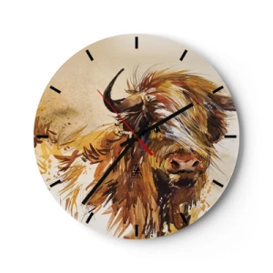 Wanduhr - Glasuhr - Eine gemalte Illustration eines schottischen Stiers mit wallendem Fell - 30x30cm - Stolz des Jägers - Moderne Wanddekoration für Wohnzimmer, Küche und Schlafzimmer ARTTOR