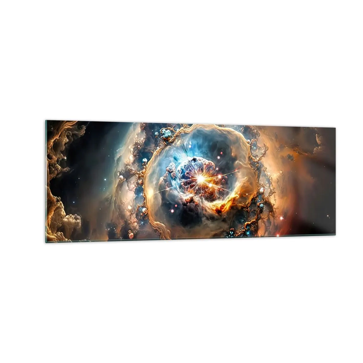 Glasbild - Bild auf glas - Eine abstrakte Vision einer kosmischen Explosion in Gold- und Blautönen. - 140x50cm - Anfang - Moderne Wanddekoration für Wohnzimmer und Schlafzimmer ARTTOR