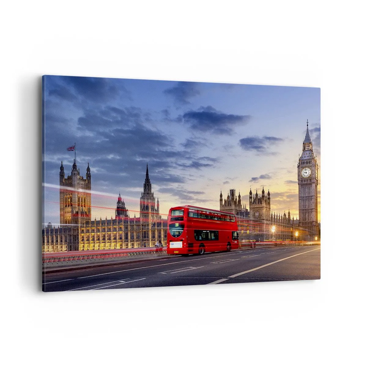 Bild auf Leinwand - Leinwandbild - Ein roter Bus mit Big Ben und den Houses of Parliament im Hintergrund in der Abenddämmerung. - 100x70cm - Spezielle Charaktere - Moderne Wanddekoration für Wohnzimmer und Schlafzimmer ARTTOR