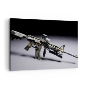 Bild auf Leinwand - Leinwandbild - Moderne Waffe in Tarnfarbe auf dunklem Hintergrund - 100x70cm - Immer bedrohlich - Moderne Wanddekoration für Wohnzimmer und Schlafzimmer ARTTOR