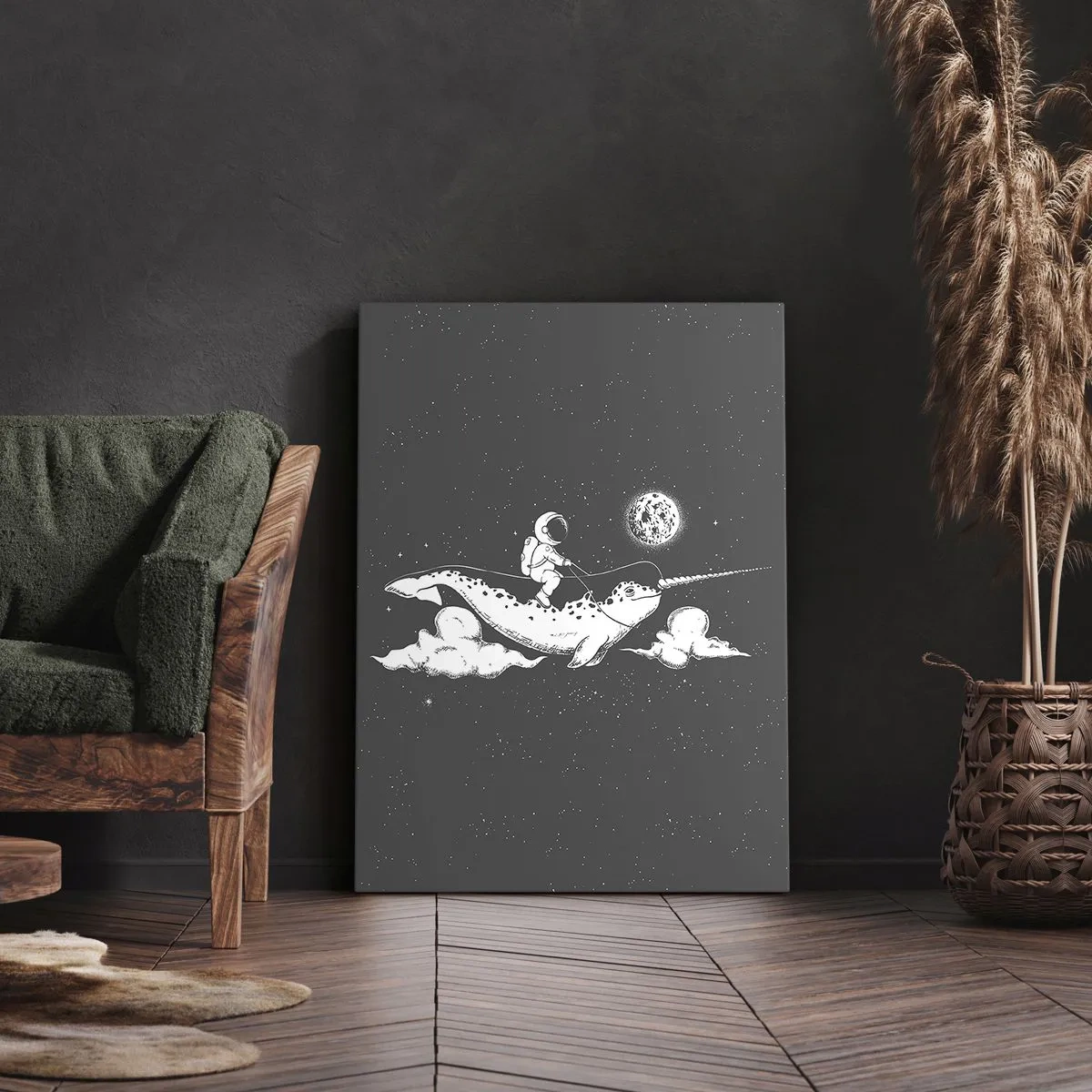 Bild auf Leinwand - Leinwandbild - Ein Astronaut auf dem Rücken eines Narwals, der in einer Weltraumszene schwimmt. - 80x120cm - Weltraumreiter - Moderne Wanddekoration für Wohnzimmer und Schlafzimmer ARTTOR