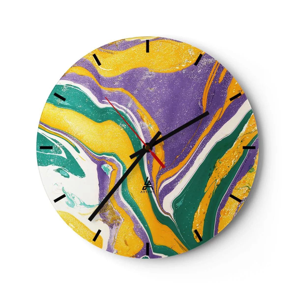 Wanduhr - Glasuhr - Abstrakte Muster in Lila-, Gelb- und Grüntönen - 30x30cm - Farbwellen - Moderne Wanddekoration für Wohnzimmer, Küche und Schlafzimmer ARTTOR