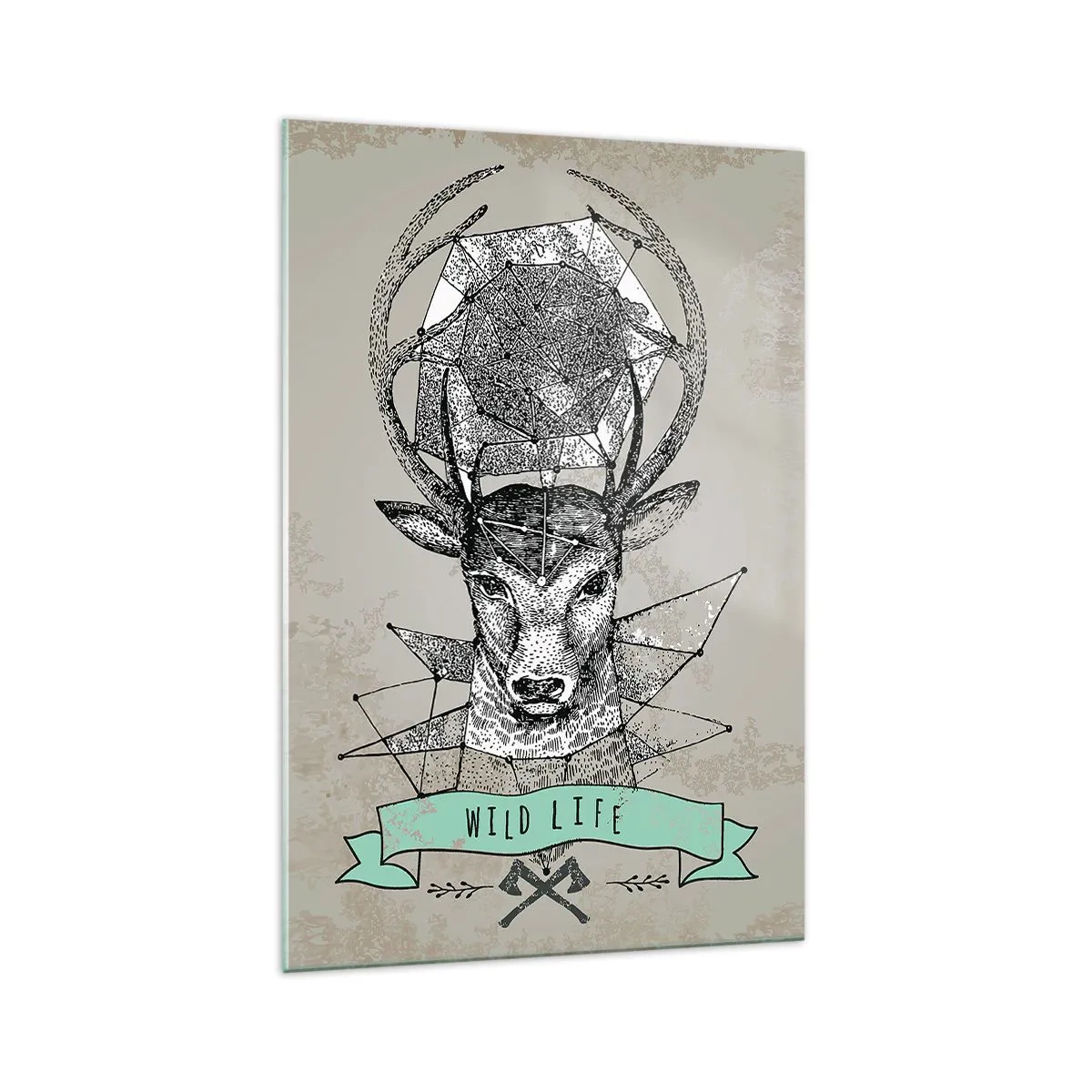Glasbild - Bild auf glas - Hirschgeometrie im Vintage-Stil mit Wild Life-Schriftzug - 70x100cm - St. sehen Hubertus - Moderne Wanddekoration für Wohnzimmer und Schlafzimmer ARTTOR