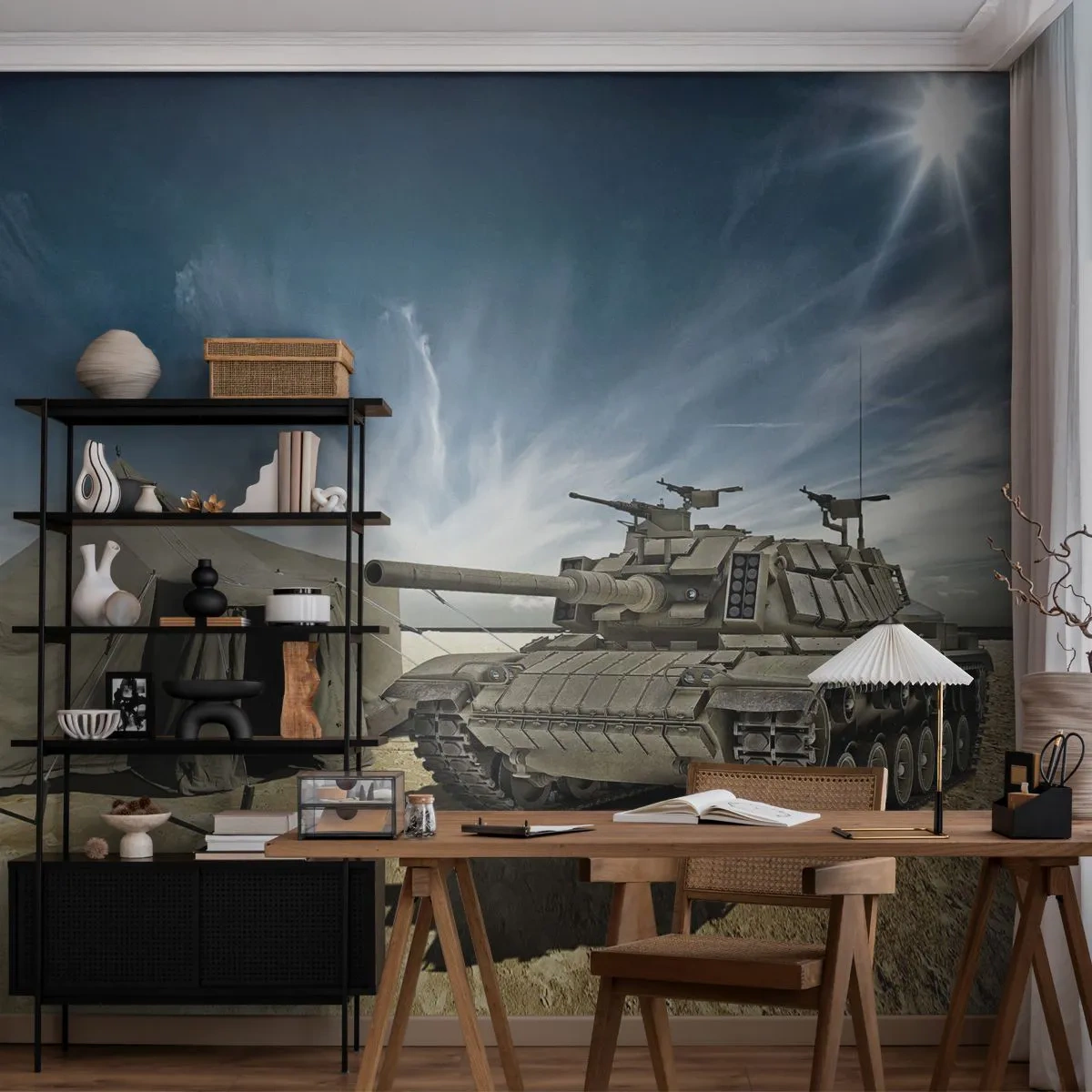 Fototapete Premium Sand - Ein Panzer neben einem Militärzelt in einer Wüstengegend - 100x70cm - Ein militärischer Traum - Moderne Wanddekoration für Wohnzimmer und Schlafzimmer ARTTOR
