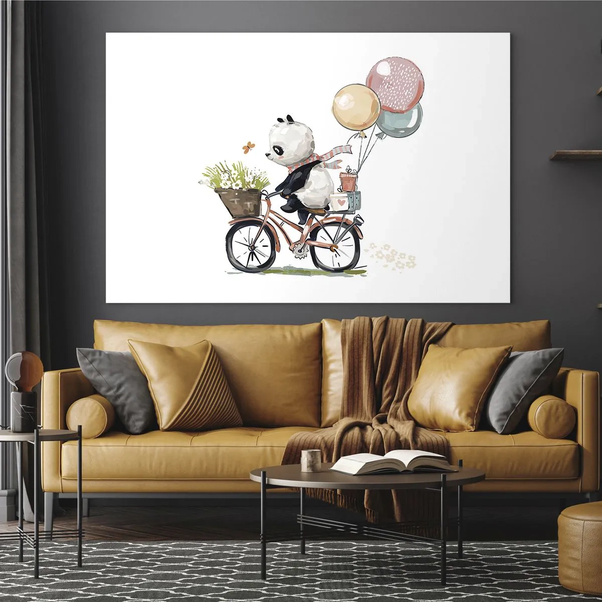 Glasbild - Bild auf glas - Ein Panda auf einem Fahrrad mit Luftballons und einem Blumenkorb. - 70x50cm - Glücklicher Tag - Moderne Wanddekoration für Wohnzimmer und Schlafzimmer ARTTOR