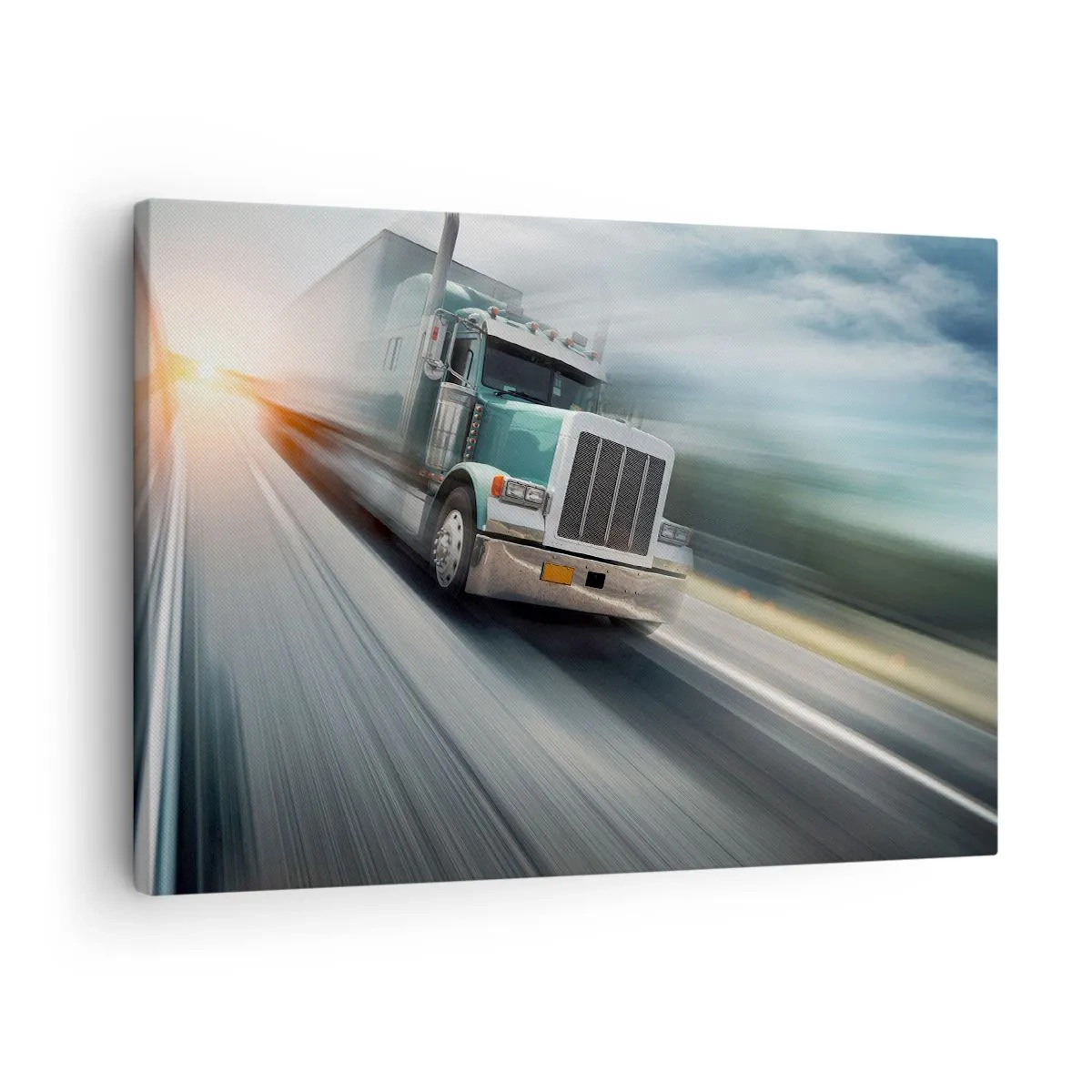 Bild auf Leinwand - Leinwandbild - Ein LKW auf der Autobahn in Bewegung bei Sonnenuntergang - 70x50cm - Der amerikanische Riese in Eile - Moderne Wanddekoration für Wohnzimmer und Schlafzimmer ARTTOR