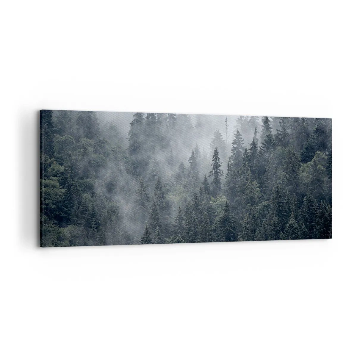 Bild auf Leinwand - Leinwandbild - Nebliger Nadelwald in Grau- und Grüntönen - 120x50cm - Walddämmerung - Moderne Wanddekoration für Wohnzimmer und Schlafzimmer ARTTOR