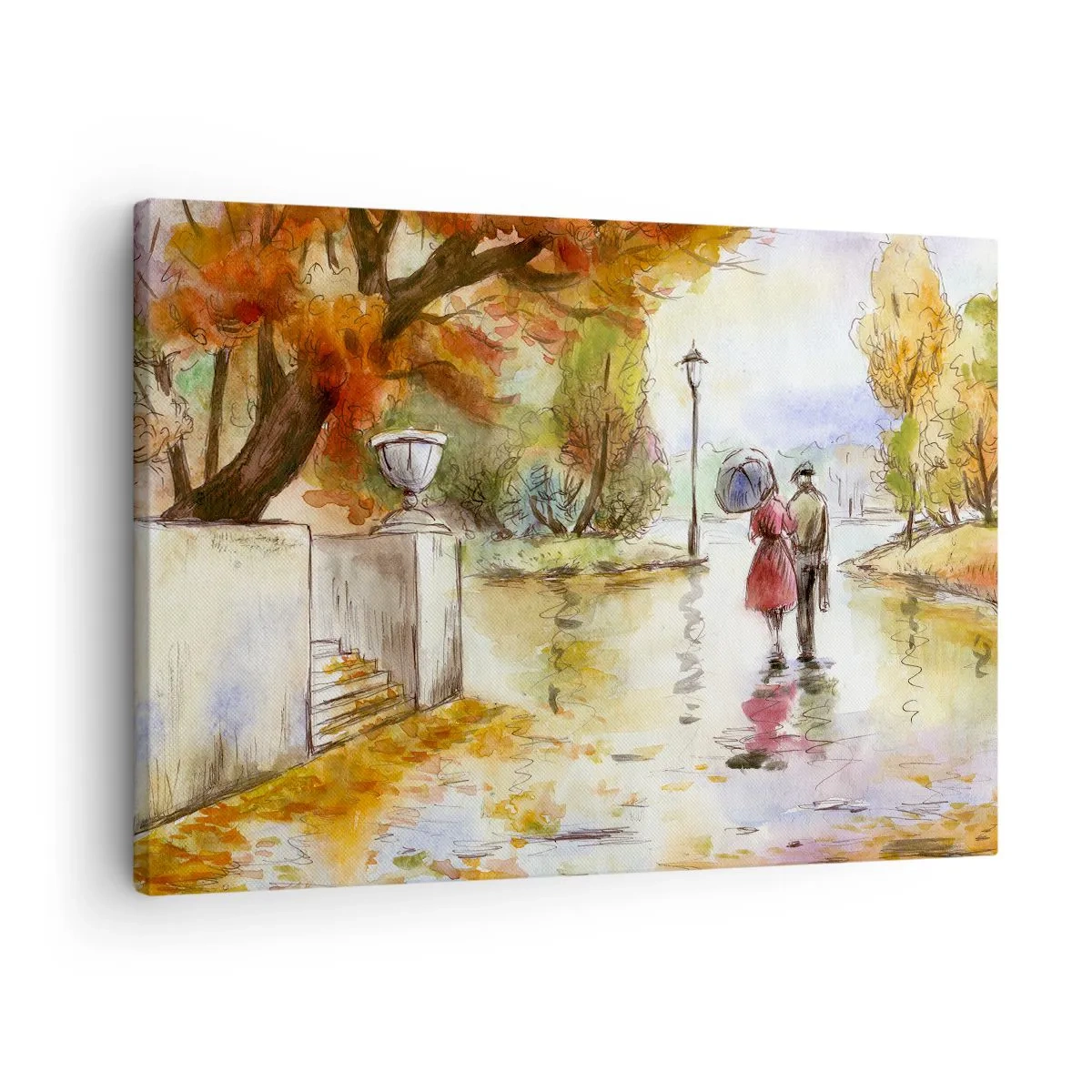 Bild auf Leinwand - Leinwandbild - Ein Spaziergang im Herbstpark mit einem Regenschirm - 70x50cm - Romantischer Herbst im Park - Moderne Wanddekoration für Wohnzimmer und Schlafzimmer ARTTOR