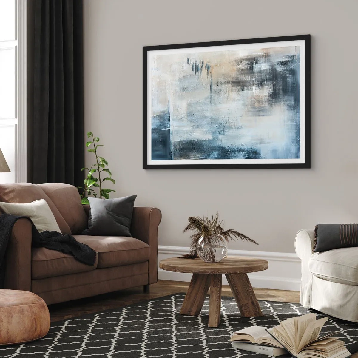 Poster in einem schwarzem Rahmen - Hinter dem blauen Vorhang - 50x40 cm