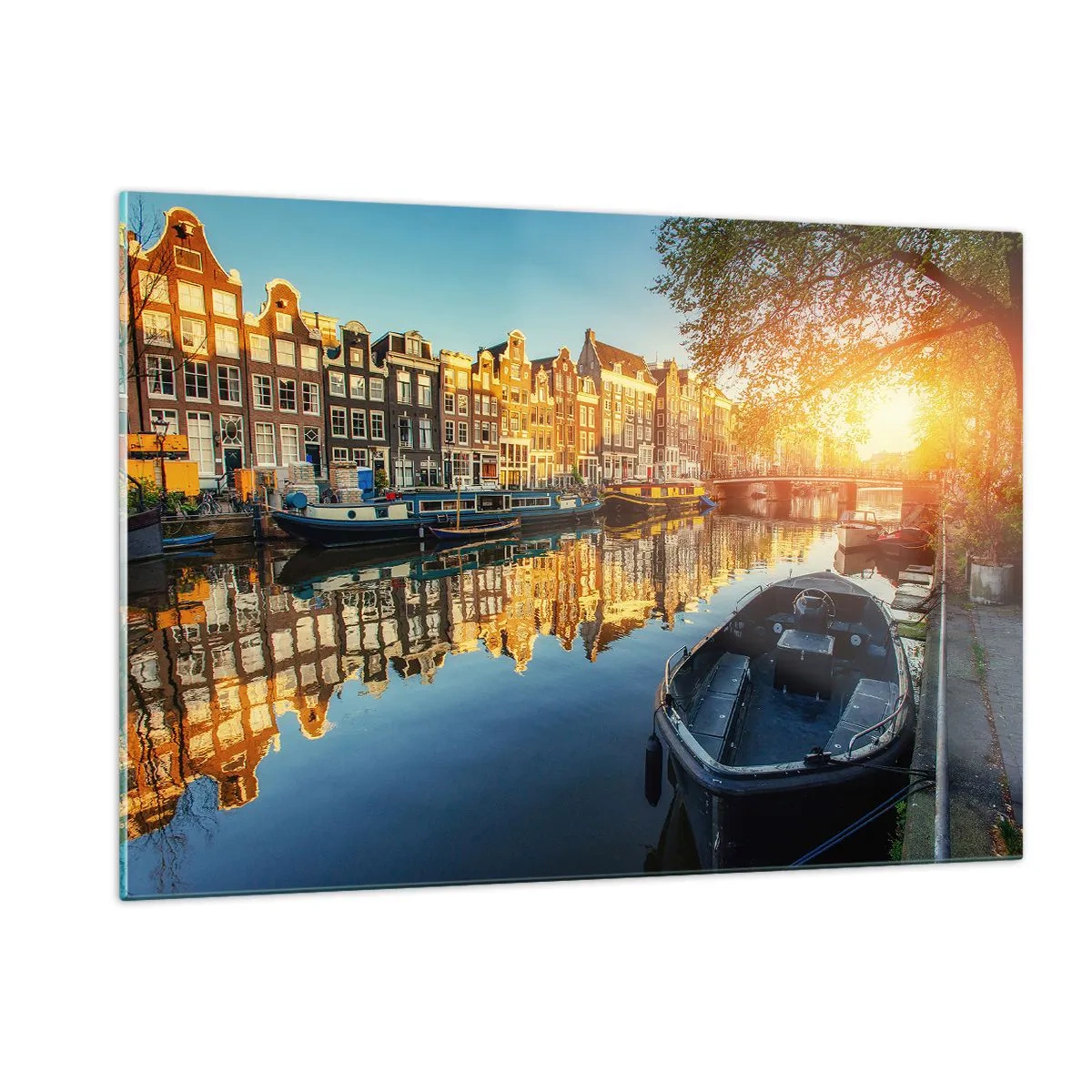 Glasbild - Bild auf glas - Amsterdamer Kanal bei Sonnenuntergang - 120x80cm - Morgen in Amsterdam - Moderne Wanddekoration für Wohnzimmer und Schlafzimmer ARTTOR
