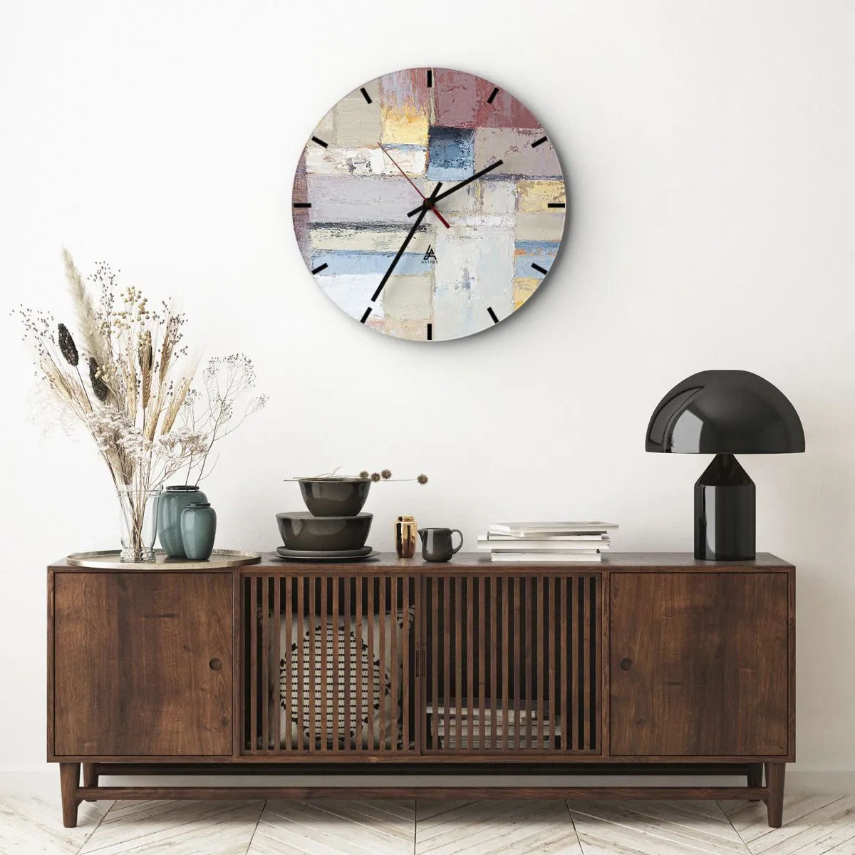 Wanduhr - Glasuhr - Abstrakte geometrische Komposition in Pastellfarben - 30x30cm - Ruhe der Geometrie - Moderne Wanddekoration für Wohnzimmer, Küche und Schlafzimmer ARTTOR