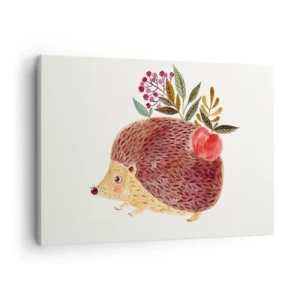 Bild auf Leinwand - Leinwandbild - Ein süßer Igel mit einem Apfel und Pflanzen im illustrativen Stil - 70x50cm - Und dann magst du mich schon - Moderne Wanddekoration für Wohnzimmer und Schlafzimmer ARTTOR