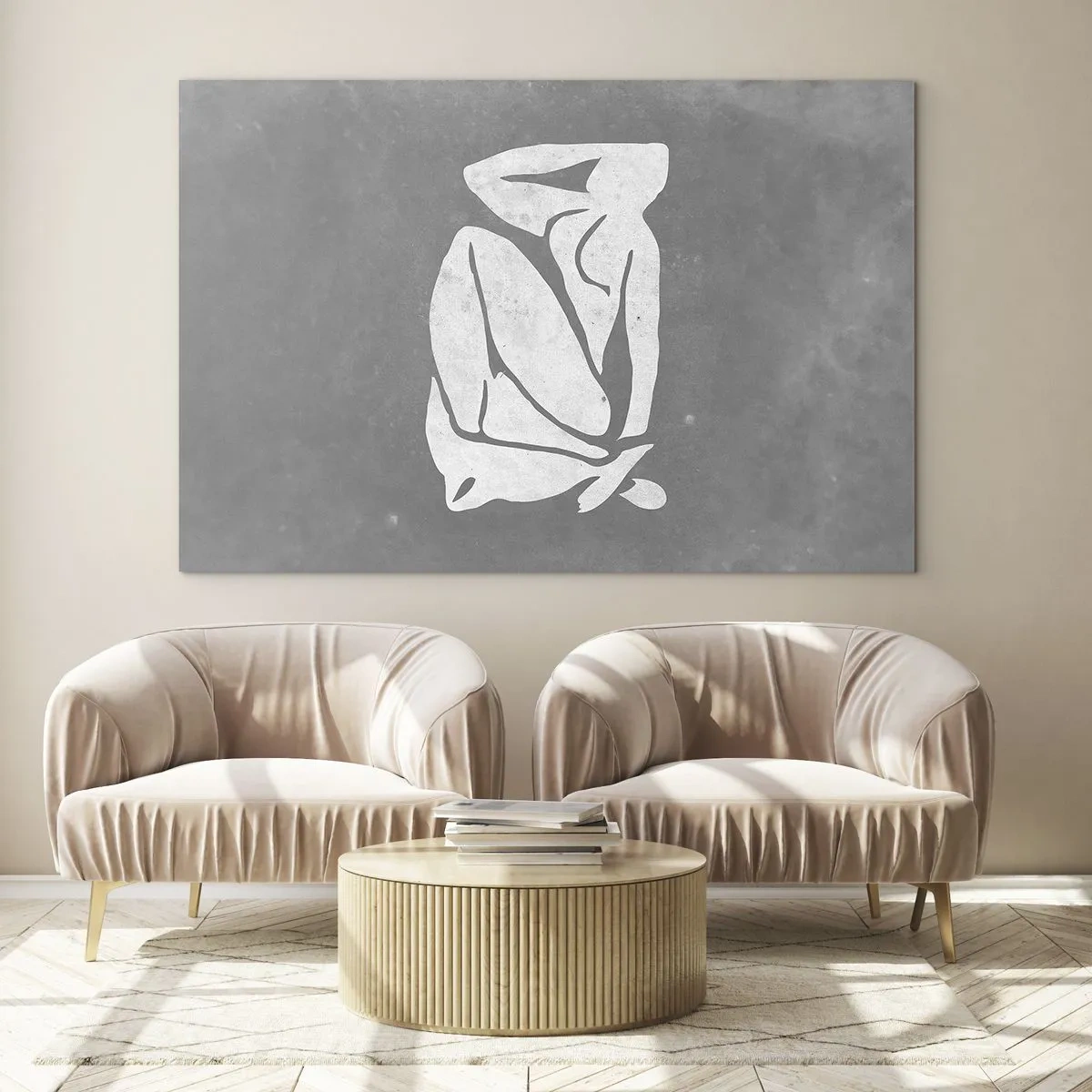 Glasbild - Bild auf glas - Eine minimalistische Silhouette einer Frau auf grauem Hintergrund - 70x50cm - In Gedanken versunken - Moderne Wanddekoration für Wohnzimmer und Schlafzimmer ARTTOR