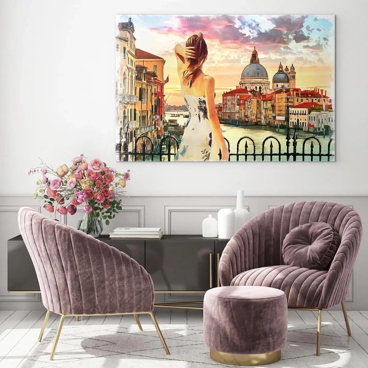 Glasbild - Bild auf glas - Eine Frau bewundert den Blick auf Venedig bei Sonnenuntergang. - 70x50cm - Als Abenteuer nur in ... - Moderne Wanddekoration für Wohnzimmer und Schlafzimmer ARTTOR