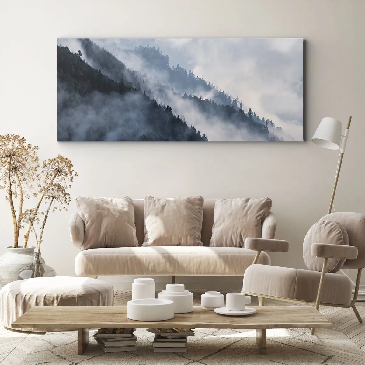 Bild auf Leinwand - Leinwandbild - Nebel schwebt über den bewaldeten Berghängen in einer geheimnisvollen Landschaft - 120x50cm - Mystik der Berge - Moderne Wanddekoration für Wohnzimmer und Schlafzimmer ARTTOR