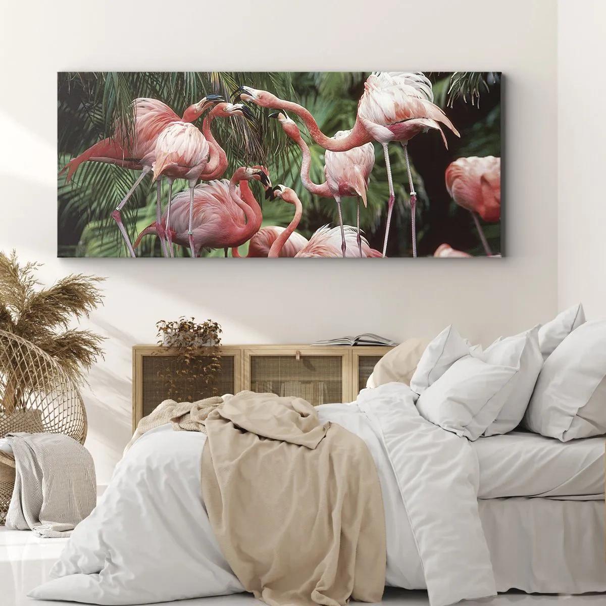 Bild auf Leinwand - Leinwandbild - Eine Gruppe von Flamingos in einer tropischen Umgebung, umgeben von Palmen - 120x50cm - Nachmittagsklatsch - Moderne Wanddekoration für Wohnzimmer und Schlafzimmer ARTTOR