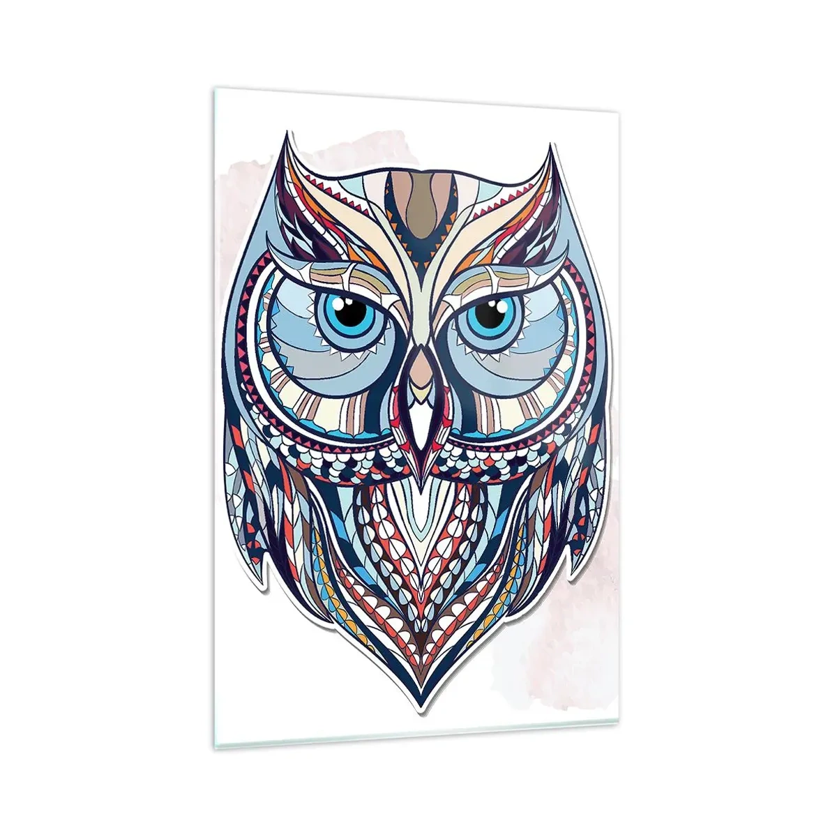 Glasbild - Bild auf glas - Geometrische Eule in Blau- und Beigetönen - 80x120cm - Aufwendige Ziereule - Moderne Wanddekoration für Wohnzimmer und Schlafzimmer ARTTOR