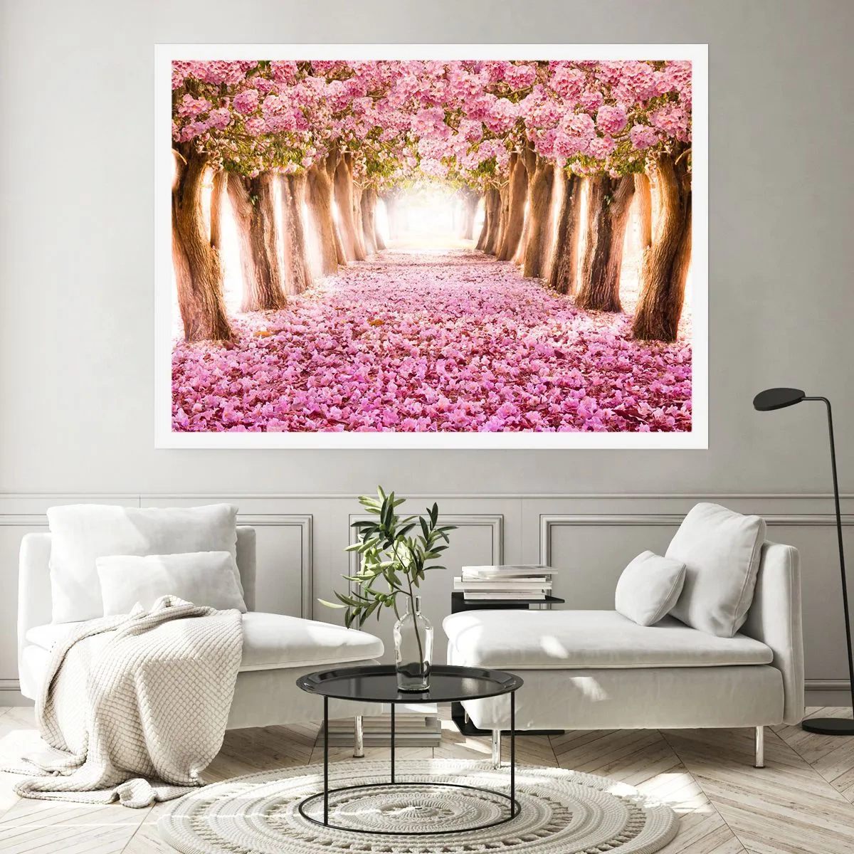 Poster - Eine Allee blühender Bäume in Rosatönen - 100x70cm - Der Weg ins Paradies - Moderne Wanddekoration für Wohnzimmer und Schlafzimmer ARTTOR