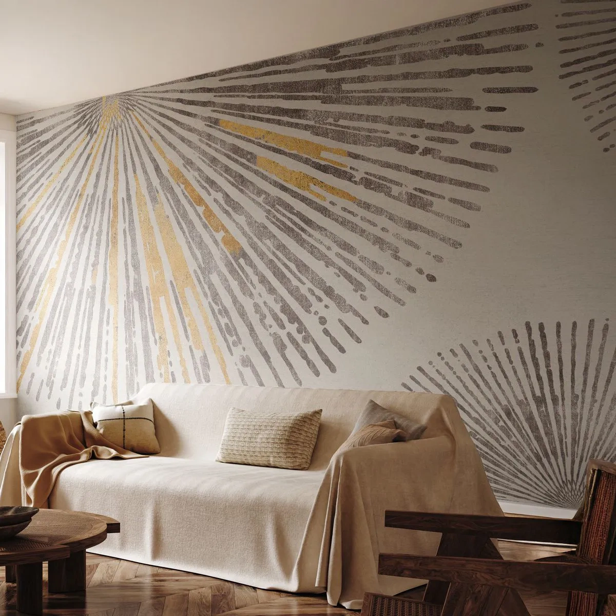 Fototapete Premium Sand - Strahlen im grafischen Stil in Gold- und Grautönen - 100x70cm - Schönheit des Strahls - Moderne Wanddekoration für Wohnzimmer und Schlafzimmer ARTTOR