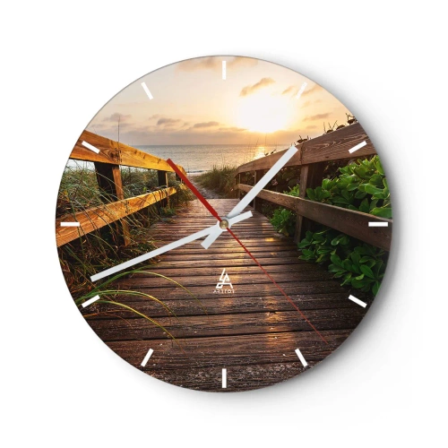 Wanduhr - Glasuhr - Holzsteg zum Strand bei Sonnenuntergang - 30x30cm - Und direkt ans Ufer - Moderne Wanddekoration für Wohnzimmer, Küche und Schlafzimmer ARTTOR