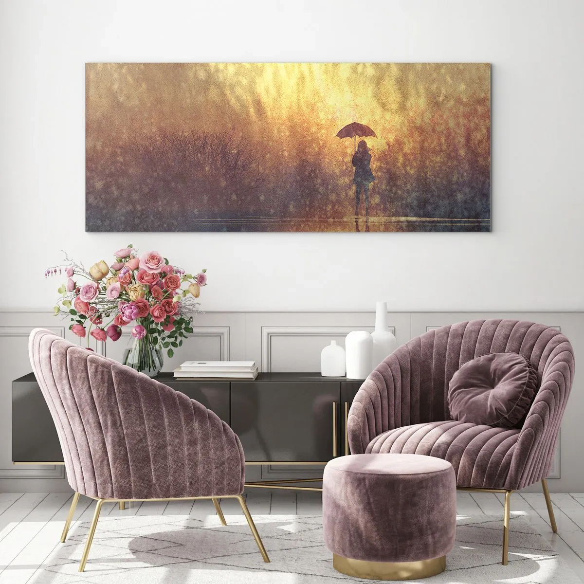 Glasbild - Bild auf glas - Eine Figur mit einem Regenschirm in einer nebligen Landschaft voller Reflexionen - 140x50cm - Ich habe das Gefühl, dass mich jemand ansieht - Moderne Wanddekoration für Wohnzimmer und Schlafzimmer ARTTOR