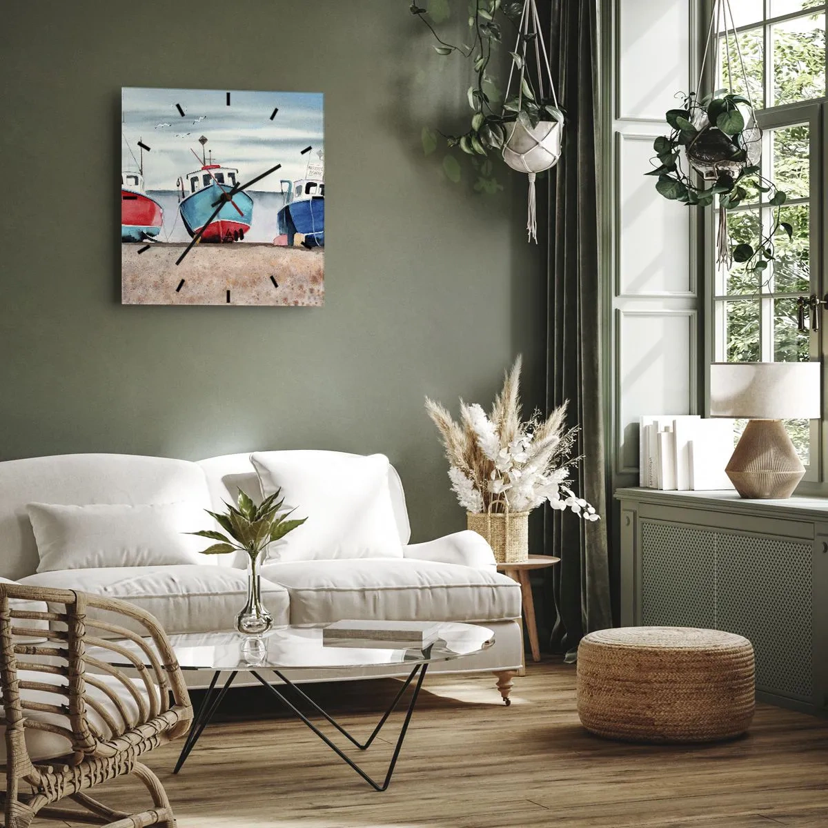Wanduhr - Glasuhr - Bunte Fischerboote am Ufer in einer Meereslandschaft - 30x30cm - Bereit zum Fang - Moderne Wanddekoration für Wohnzimmer und Schlafzimmer ARTTOR