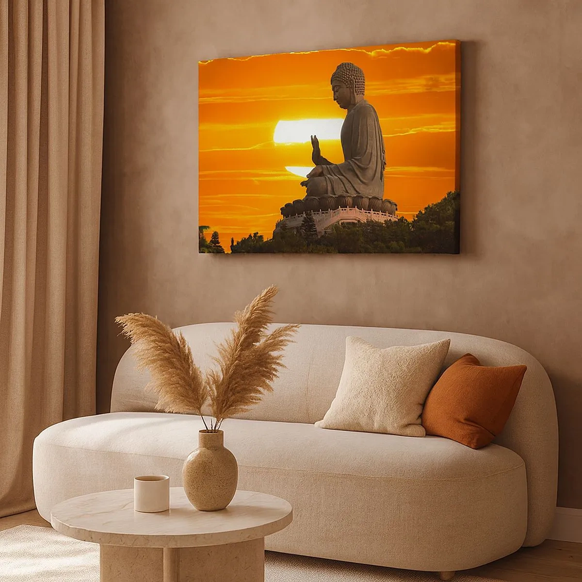 Bild auf Leinwand - Leinwandbild - Eine buddhistische Statue vor dem Hintergrund eines orangefarbenen Sonnenuntergangs - 70x50cm - Keine Angst vor der Welt - Moderne Wanddekoration für Wohnzimmer und Schlafzimmer ARTTOR