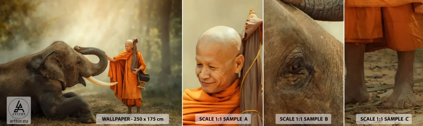 Fototapeten Muster Selbstklebend Deluxe Sticker - Treffen unterwegs - Asien, Elefant, Mönch - 100x30 cm