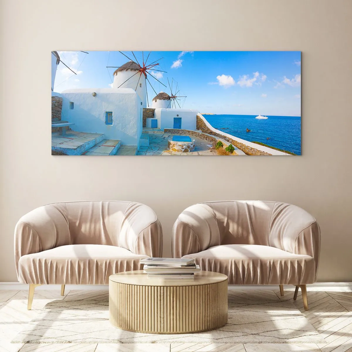 Glasbild - Bild auf glas - Weiße Windmühlen an den Ufern des blauen Meeres - 140x50cm - Der blaue Wind vom Meer - Moderne Wanddekoration für Wohnzimmer und Schlafzimmer ARTTOR