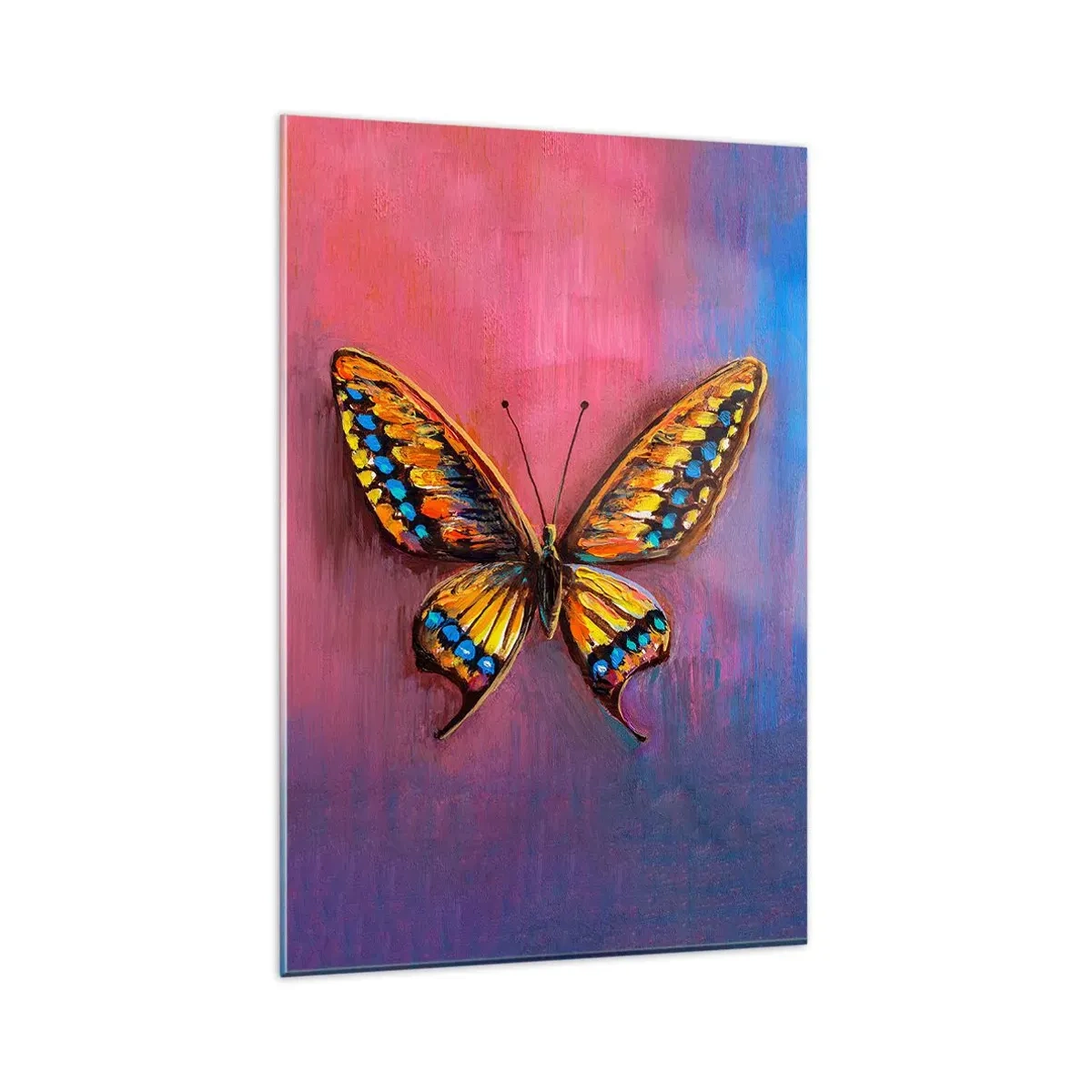 Glasbild - Bild auf glas - Bunter Schmetterling auf abstraktem Hintergrund - 80x120cm - Ein Juwel der Natur - Moderne Wanddekoration für Wohnzimmer und Schlafzimmer ARTTOR