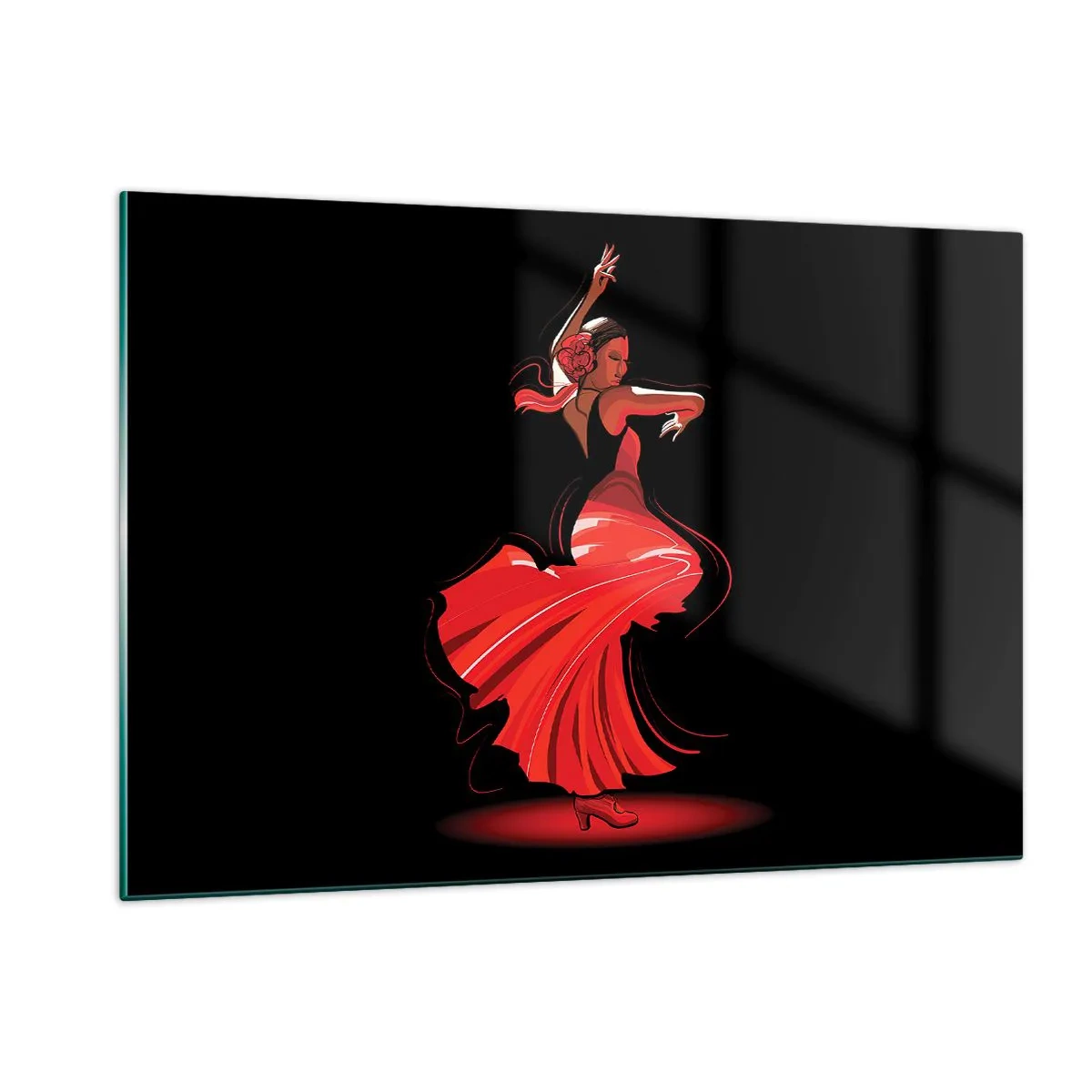 Glasbild - Bild auf glas - Flamenco-Tänzerin in einem roten Kleid vor schwarzem Hintergrund - 120x80cm - Der feurige Geist des Flamenco - Moderne Wanddekoration für Wohnzimmer und Schlafzimmer ARTTOR