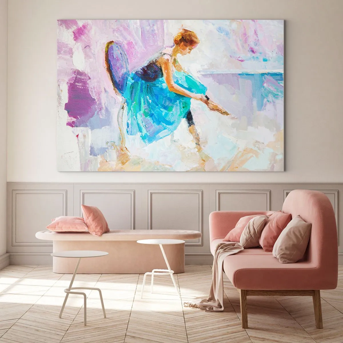 Glasbild - Bild auf glas - Eine Ballerina in einem blauen Kleid vor einem impressionistischen Hintergrund - 120x80cm - Unbeschreibliche Anmut, subtiler Charme - Moderne Wanddekoration für Wohnzimmer und Schlafzimmer ARTTOR