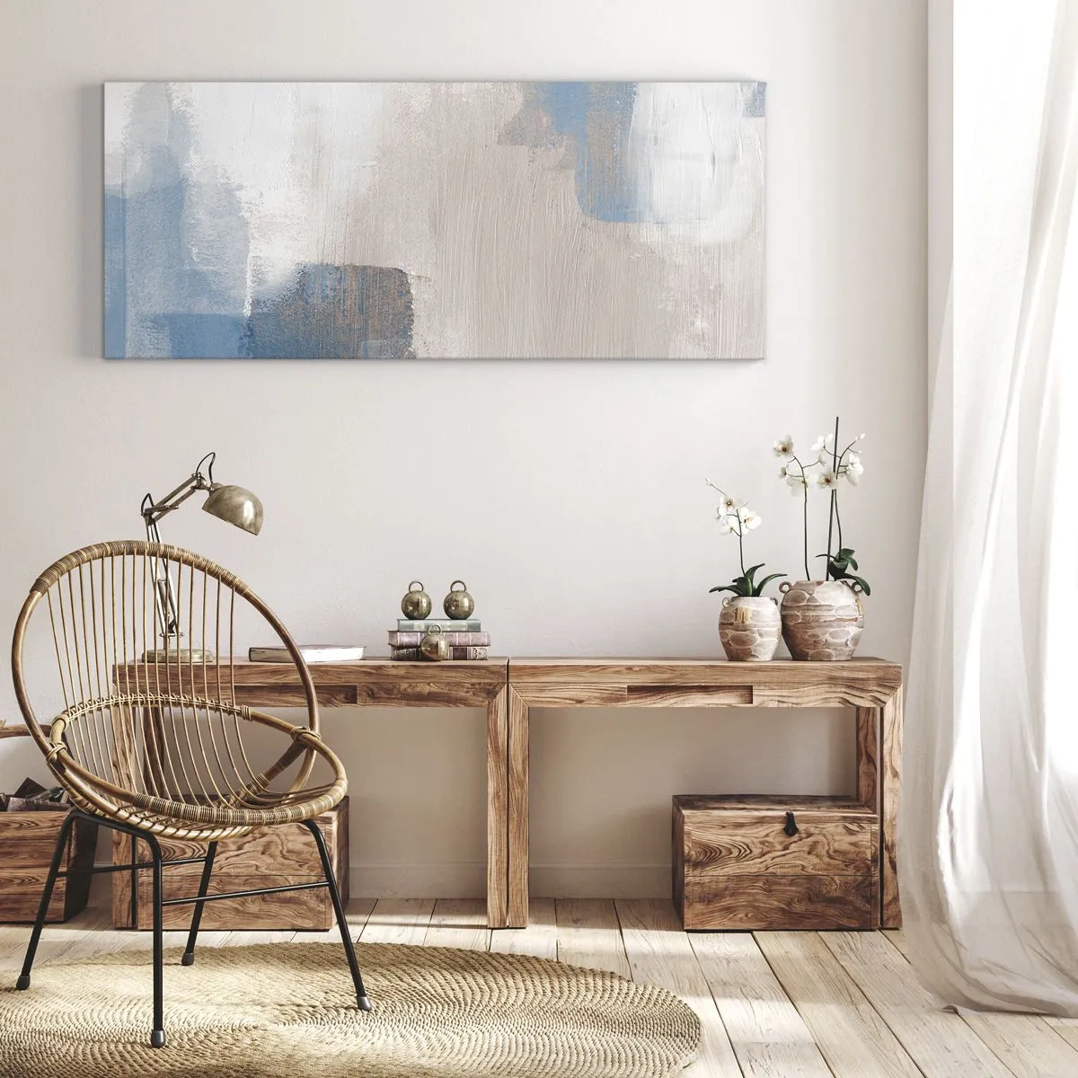 Bild auf Leinwand - Leinwandbild - Abstrakte Formen in Blau- und Beigetönen - 160x50cm - Rosa Abstraktion hinter einem blauen Vorhang - Moderne Wanddekoration für Wohnzimmer und Schlafzimmer ARTTOR