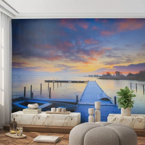 Maßgeschneiderte Fototapete Premium Sand - Violett-goldene Ruhe - Landschaft, See, Boot