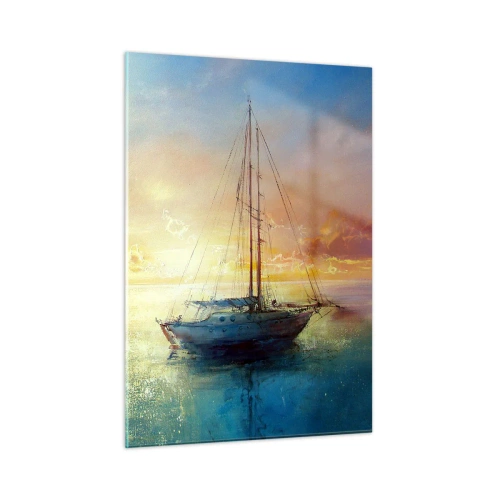 Glasbild - Bild auf glas - Ein Segelboot auf ruhiger See bei einem goldenen Sonnenuntergang - 50x70cm - In einer goldenen Bucht - Moderne Wanddekoration für Wohnzimmer und Schlafzimmer ARTTOR