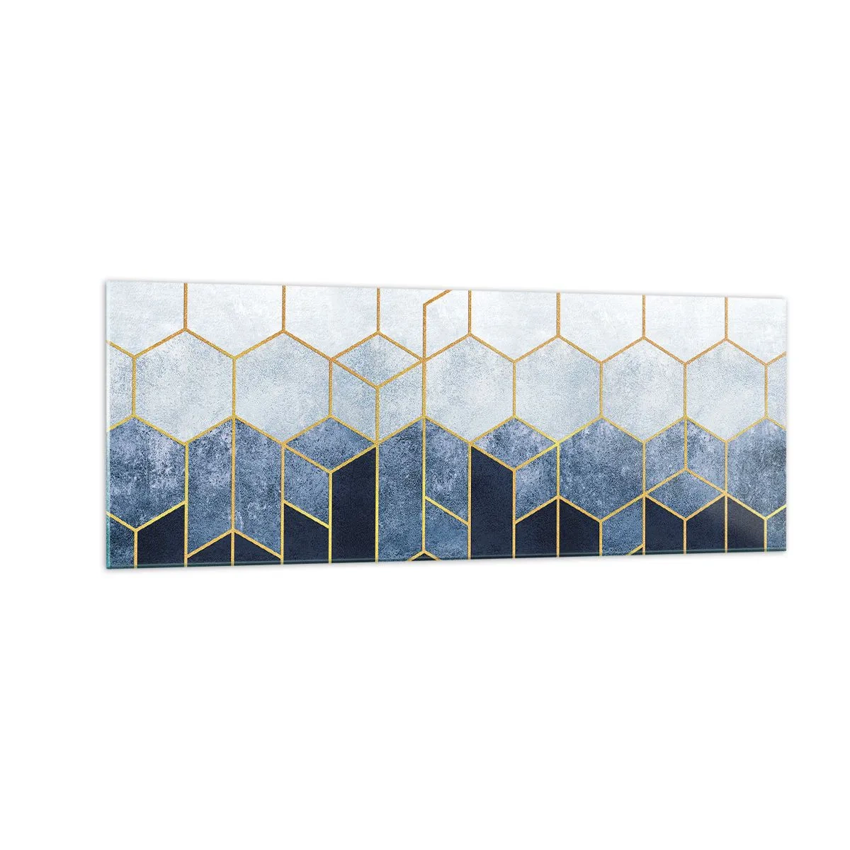 Glasbild - Bild auf glas - Geometrisches Muster in Gold- und Marineblautönen - 140x50cm - Komposition im synkopischen Rhythmus - Moderne Wanddekoration für Wohnzimmer und Schlafzimmer ARTTOR