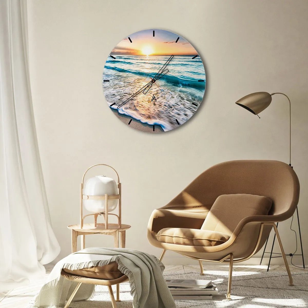 Wanduhr - Glasuhr - Sonnenuntergang über dem Meer mit Wellen am Ufer - 30x30cm - Ein Blick lohnt sich - Moderne Wanddekoration für Wohnzimmer, Küche und Schlafzimmer ARTTOR
