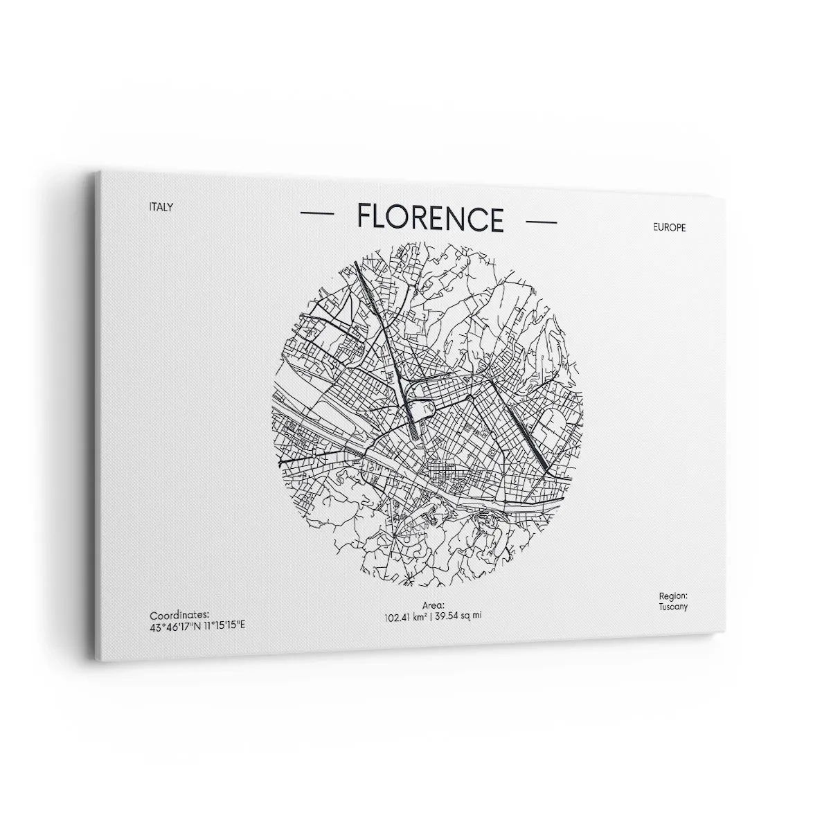 Bild auf Leinwand - Leinwandbild - Eine Karte von Florenz im minimalistischen Schwarz-Weiß-Stil - 120x80cm - Anatomie von Florenz - Moderne Wanddekoration für Wohnzimmer und Schlafzimmer ARTTOR