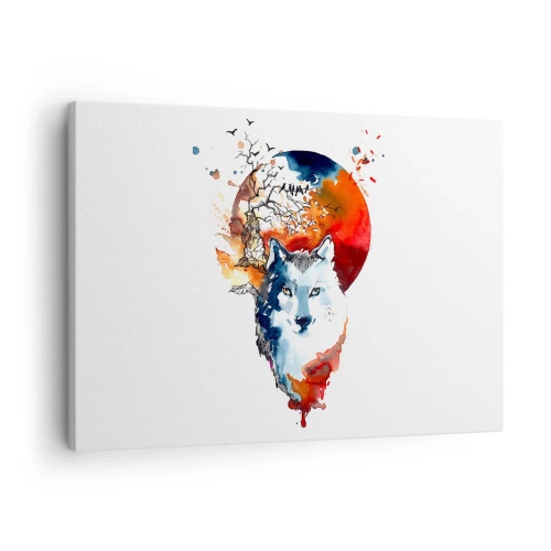 Bild auf Leinwand - Leinwandbild - Abstraktes Aquarell eines Wolfes vor einem roten Mond - 70x50cm - Nase an Nase mit der Nacht - Moderne Wanddekoration für Wohnzimmer und Schlafzimmer ARTTOR