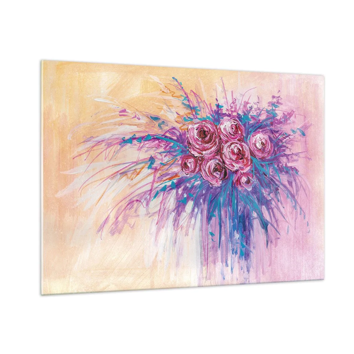 Glasbild - Bild auf glas - Ein Strauß Rosen in Rosa- und Lilatönen auf pastellfarbenem Hintergrund - 100x70cm - Rosenbrunnen - Moderne Wanddekoration für Wohnzimmer und Schlafzimmer ARTTOR