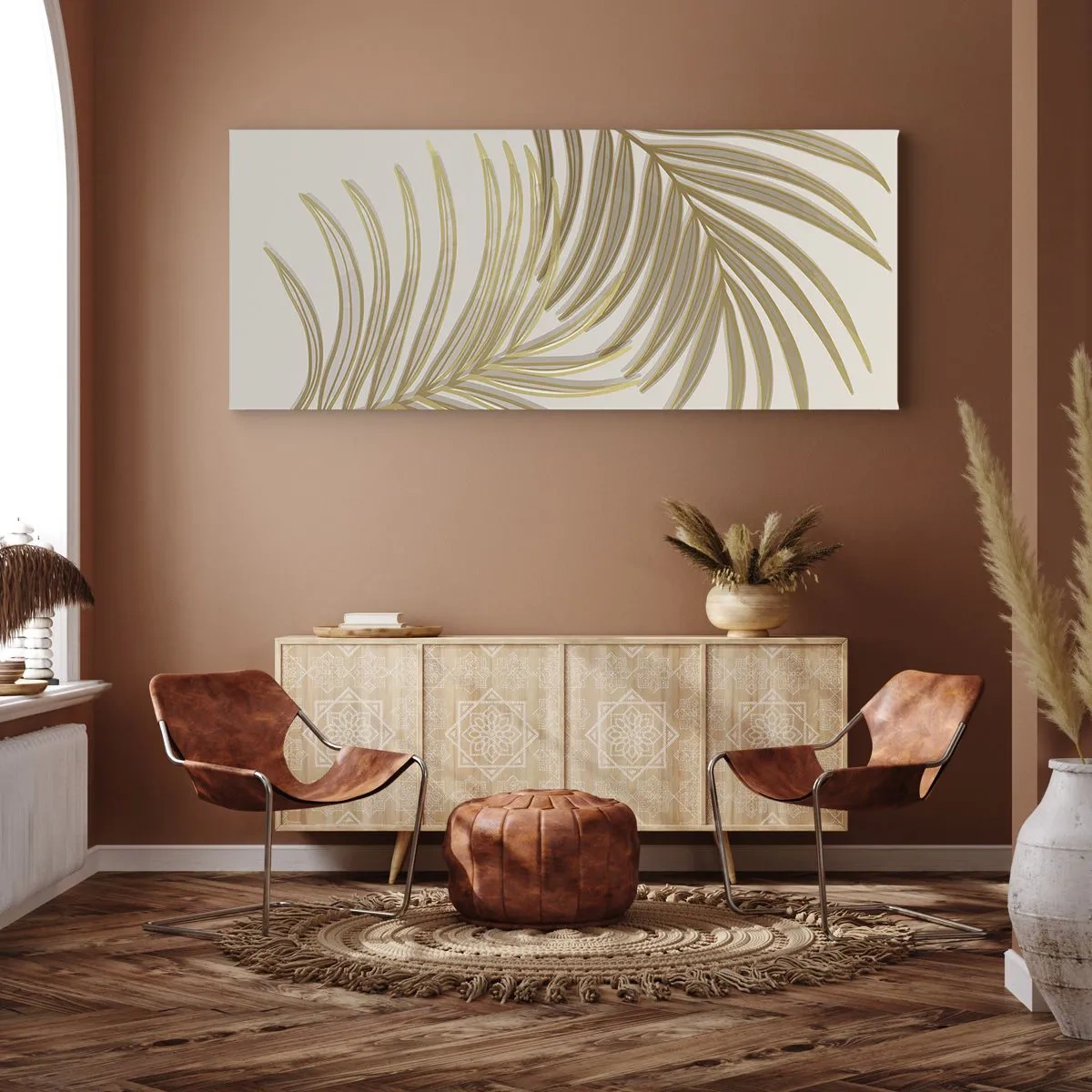 Bild auf Leinwand - Leinwandbild - Goldene Palmblätter auf hellem Hintergrund im minimalistischen Stil - 140x50cm - Goldene Palme! - Moderne Wanddekoration für Wohnzimmer und Schlafzimmer ARTTOR