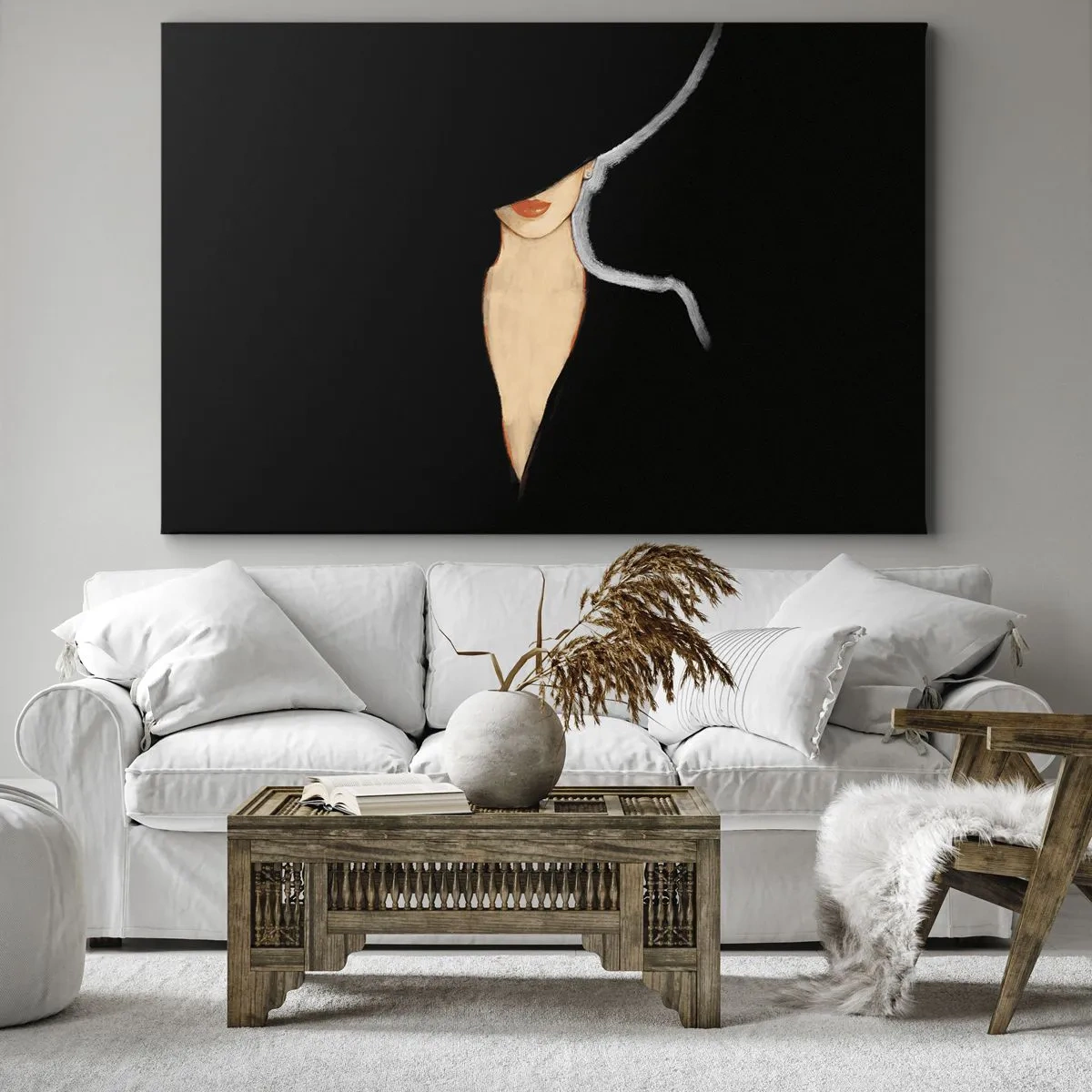 Bild auf Leinwand - Leinwandbild - Silhouette einer Frau mit Hut auf schwarzem Hintergrund - 70x50cm - Eleganz und Stil - Moderne Wanddekoration für Wohnzimmer und Schlafzimmer ARTTOR