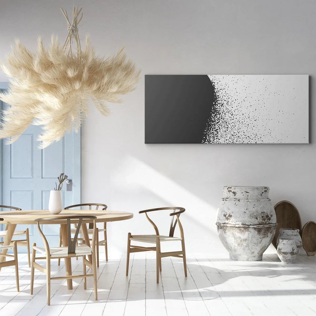 Bild auf Leinwand - Leinwandbild - Abstraktes Muster mit schwarzen Partikeln auf hellem Hintergrund - 140x50cm - Bewegung von Molekülen - Moderne Wanddekoration für Wohnzimmer und Schlafzimmer ARTTOR