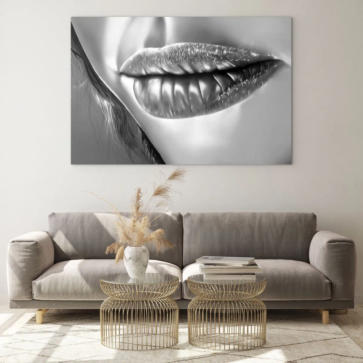 Glasbild - Bild auf glas - Sinnlich-feminine Lippen in monochromen Tönen - 120x80cm - Ich weiß, was du denkst… - Moderne Wanddekoration für Wohnzimmer und Schlafzimmer ARTTOR
