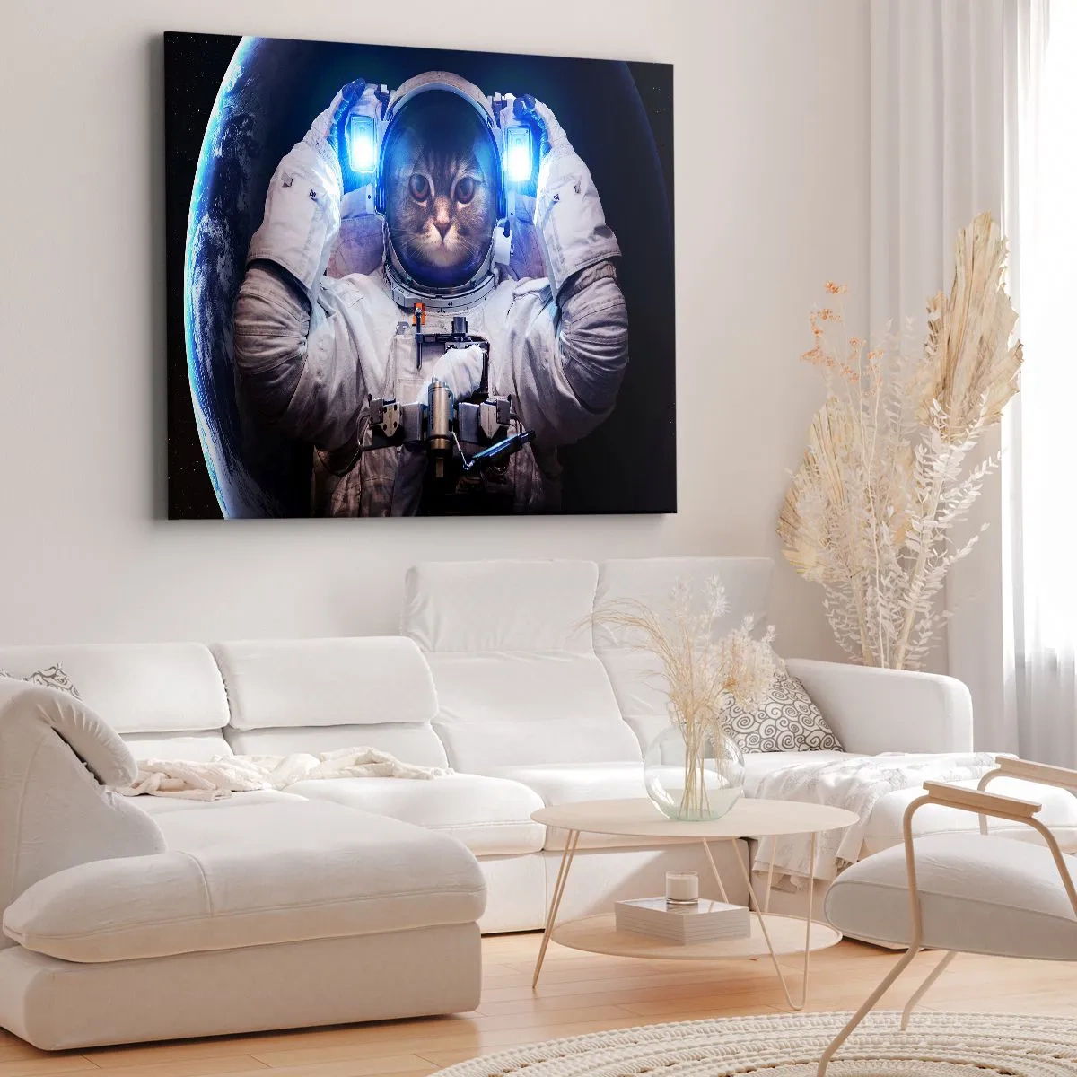 Bild auf Leinwand - Leinwandbild - Eine Katze im Astronautenanzug mit der Erde im Hintergrund und einem hellen Licht. - 70x50cm - Houston, du hast ein Problem - Moderne Wanddekoration für Wohnzimmer und Schlafzimmer ARTTOR