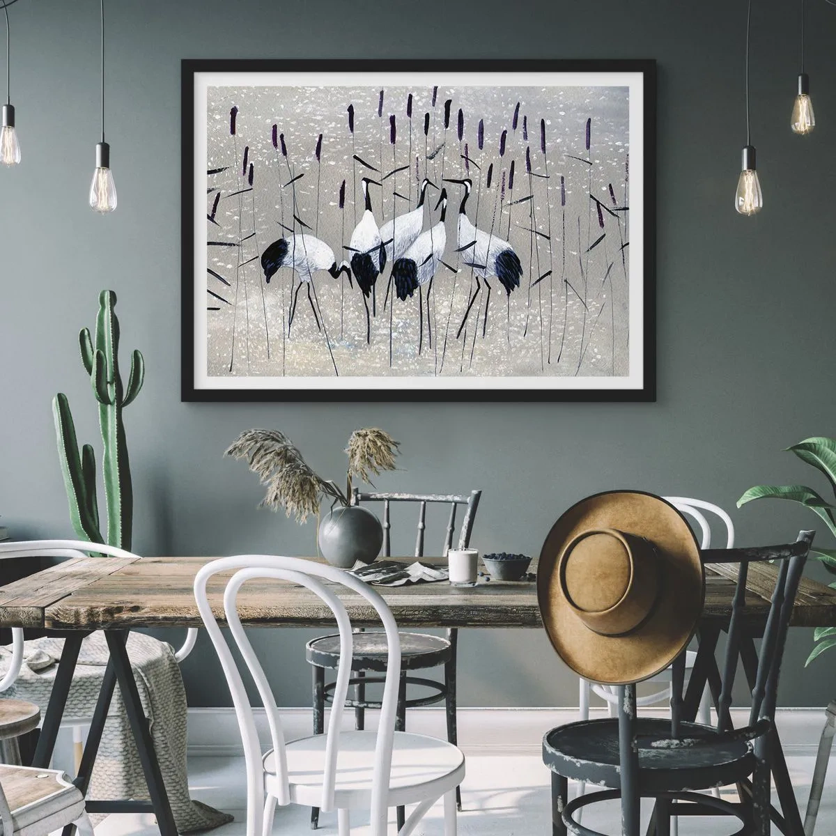 Poster in einem schwarzem Rahmen - Reiher im Gras vor einem friedlichen Hintergrund - 70x50cm - Unter ihren eigenen - Moderne Wanddekoration für Wohnzimmer und Schlafzimmer ARTTOR