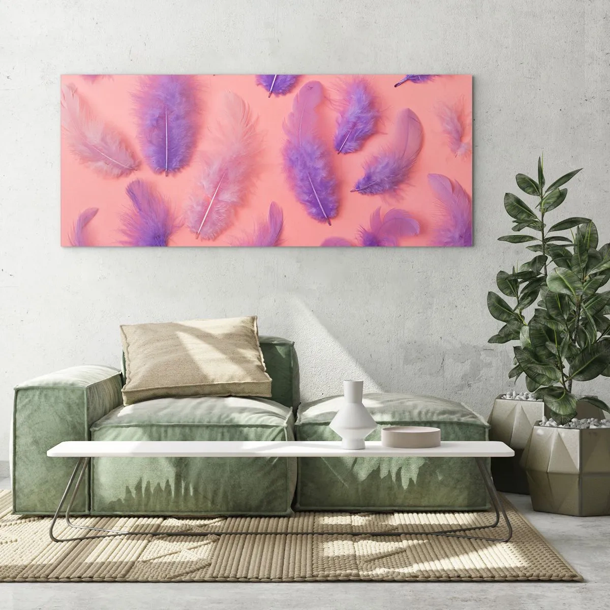 Glasbild - Bild auf glas - Lila und rosa Federn auf pastellfarbenem Hintergrund - 120x50cm - Lila Vogel der Begierde - Moderne Wanddekoration für Wohnzimmer und Schlafzimmer ARTTOR