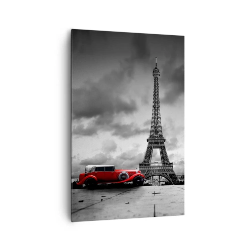 Bild auf Leinwand - Leinwandbild - Rotes Retro-Auto vor dem Eiffelturm in Schwarz und Weiß - 80x120cm - Vor nicht allzu langer Zeit in Paris - Moderne Wanddekoration für Wohnzimmer und Schlafzimmer ARTTOR