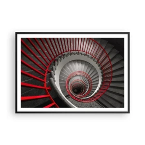 Poster in einem schwarzem Rahmen - Wendeltreppe mit roten Handläufen in dynamischer Perspektive - 100x70cm - Architekturspaß - Moderne Wanddekoration für Wohnzimmer und Schlafzimmer ARTTOR